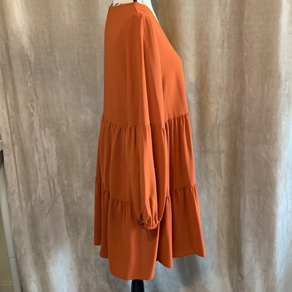 Tunic Dress V Neck Casual Loose Flowy Swing Shift Dresses Orange Caramel - Picture 6 of 12